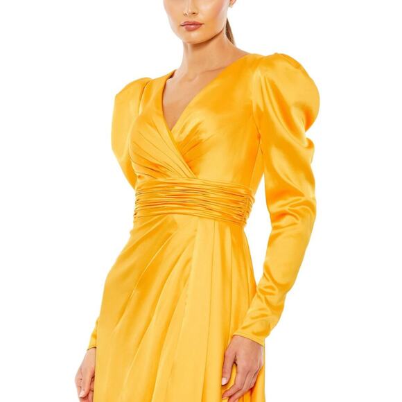 Mac Duggal NWT Yellow Faux Wrap Puff Shoulder Long Sleeve A-Line Gown Flaw* Sz 4 - Picture 2 of 12